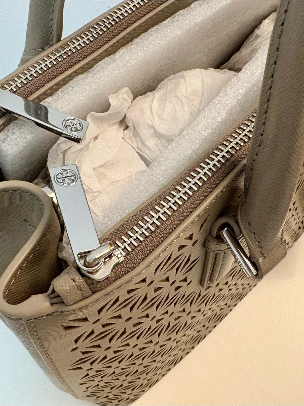 Tory Burch Perforated Leather Satchel in Taupe with Detachable Shoulder Strap